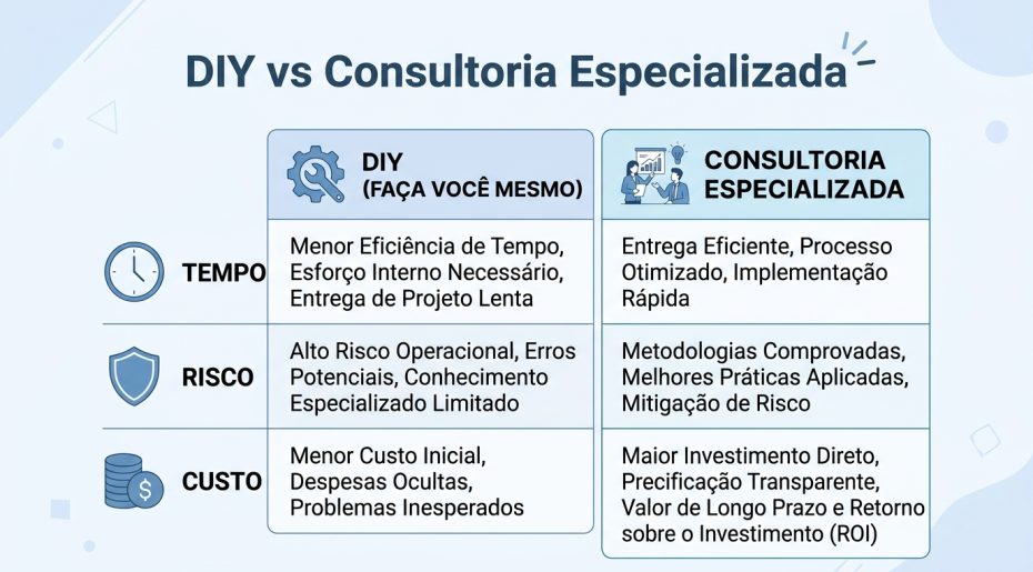 Tabela comparativa mostrando critérios para decidir entre fazer sozinho ou contratar consultoria de fomento à inovação