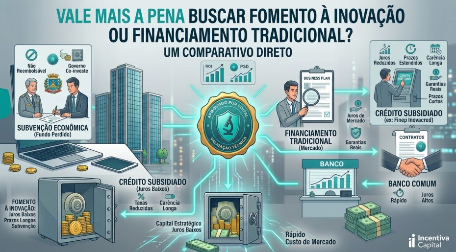 Tabela comparativa entre financiamento bancário tradicional, crédito subsidiado e subvenção econômica, mostrando juros, garantias e prazos