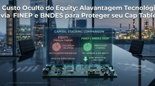 Painel executivo exibindo uma tabela financeira comparativa entre o alto custo do Equity (Venture Capital) e as vantagens da dívida subsidiada (Finep/BNDES) para proteção do CapTable.