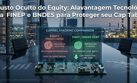 Painel executivo exibindo uma tabela financeira comparativa entre o alto custo do Equity (Venture Capital) e as vantagens da dívida subsidiada (Finep/BNDES) para proteção do CapTable.