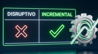 Ilustração 3D minimalista com fundo escuro exibindo uma tabela financeira luminosa que compara "Disruptiva" e "Incremental", acompanhada de uma engrenagem prateada e um gráfico de crescimento.