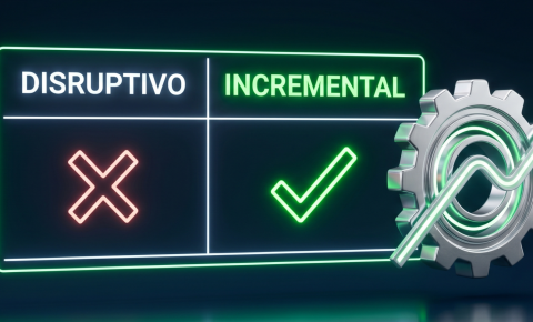 Ilustração 3D minimalista com fundo escuro exibindo uma tabela financeira luminosa que compara "Disruptiva" e "Incremental", acompanhada de uma engrenagem prateada e um gráfico de crescimento.