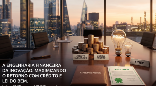 Mesa de diretoria com gráficos financeiros minimalistas, representando a união estratégica entre fomento público e incentivos fiscais para inovação.
