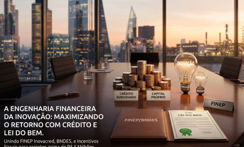 Mesa de diretoria com gráficos financeiros minimalistas, representando a união estratégica entre fomento público e incentivos fiscais para inovação.